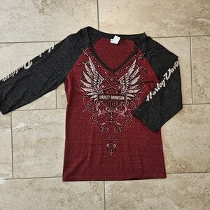 Harley-Davidson Maroon & Black Raglan V-Neck Shirt with Winged Logo